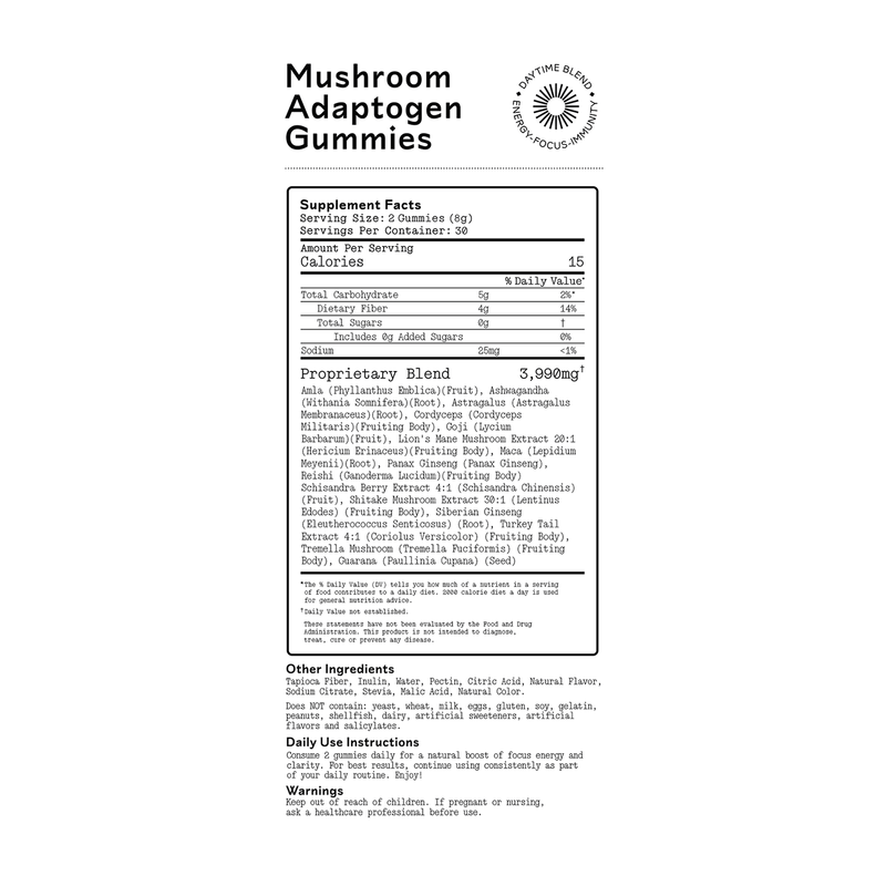 Daytime Mushroom Adaptogen Gummies supplement facts panel
