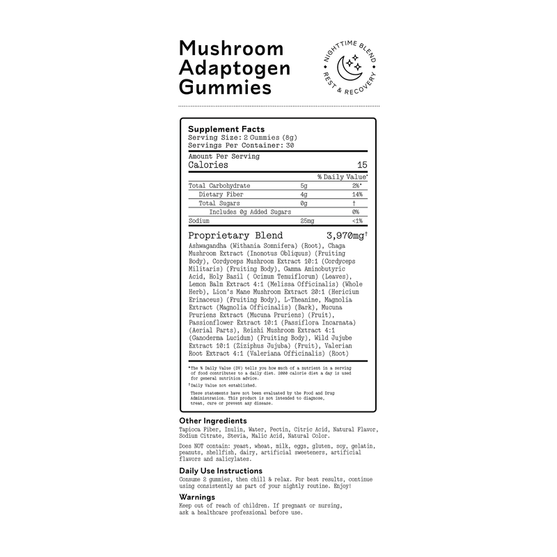 Nighttime Mushroom Adaptogen Gummies supplement facts panel