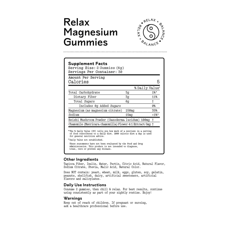 Relax Magnesium Gummies supplement facts panel