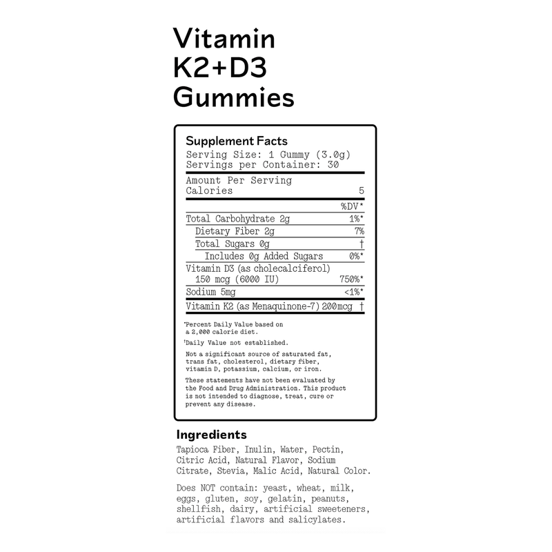 Vitamin D3 + K2 Gummies supplement facts panel