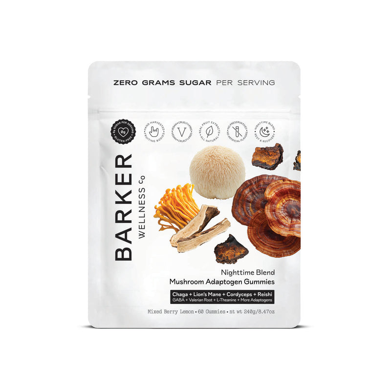 Barker Wellness Nighttime Mushroom Adaptogen Gummies bag, sugar-free