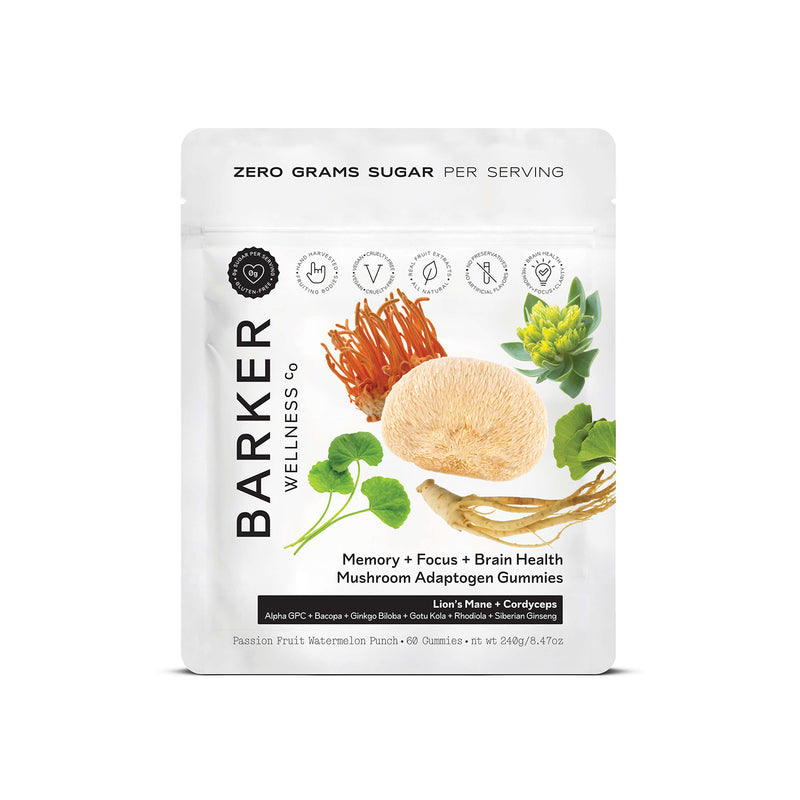Barker Wellness Memory & Focus Mushroom Gummies bag, sugar-free