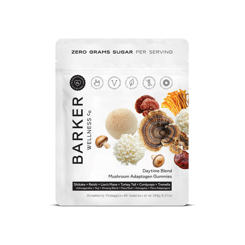 Barker Wellness Daytime Mushroom Adaptogen Gummies bag, sugar-free