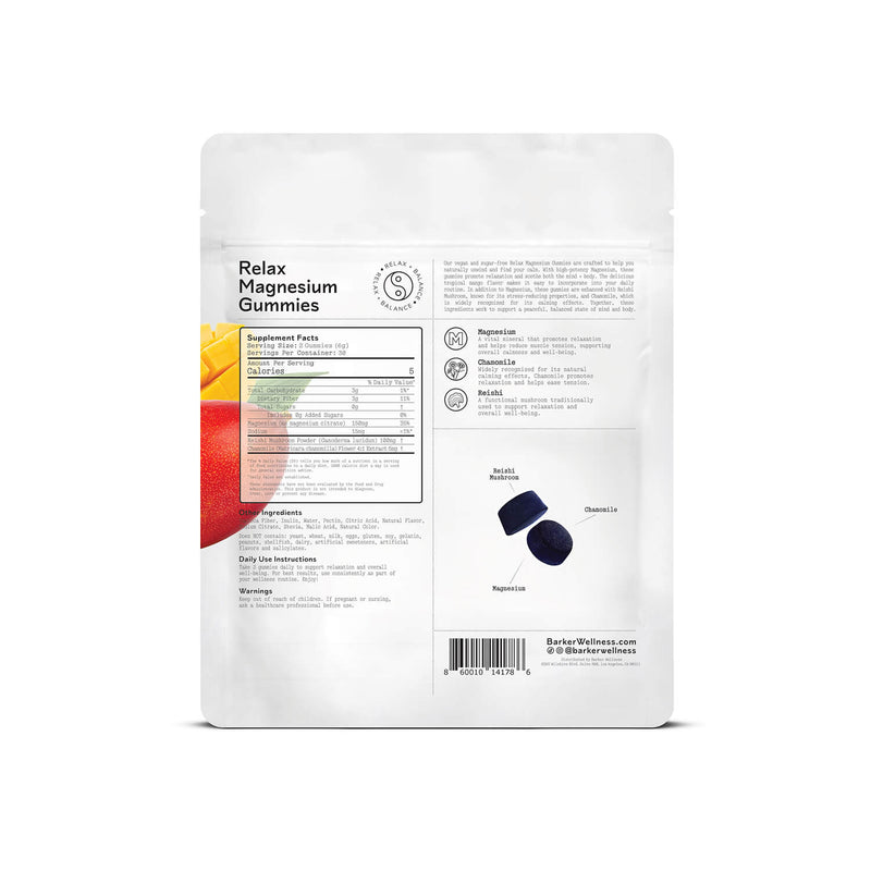 Back of the Barker Wellness Relax Magnesium Gummies bag