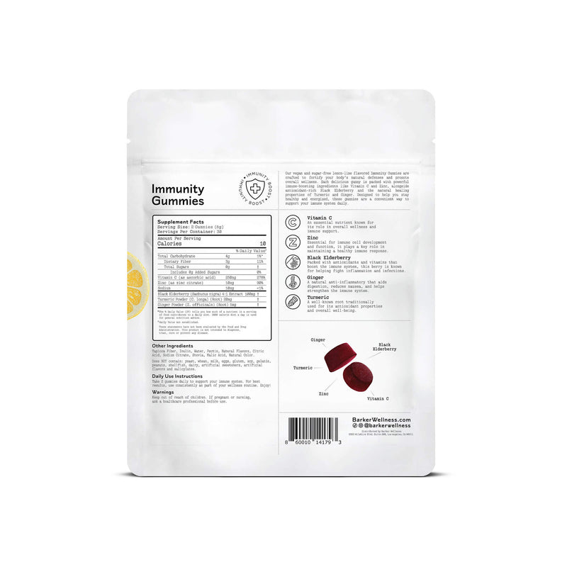 Back of the Barker Wellness Immunity Gummies bag