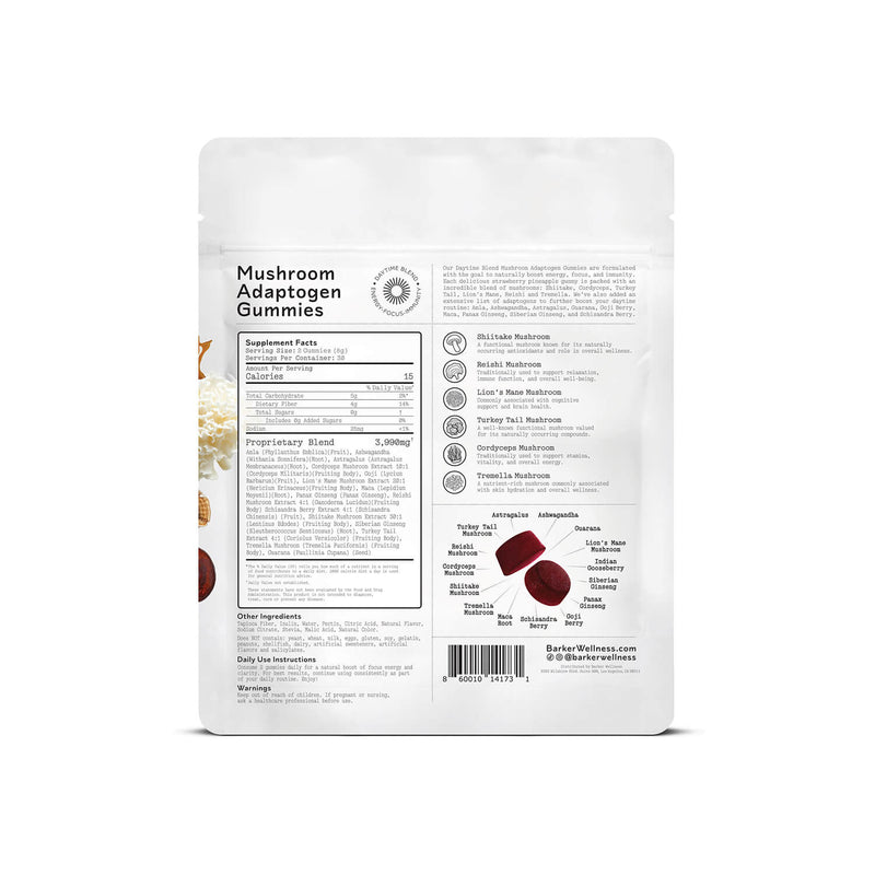 Back of the Barker Wellness Daytime Mushroom Adaptogen Gummies bag