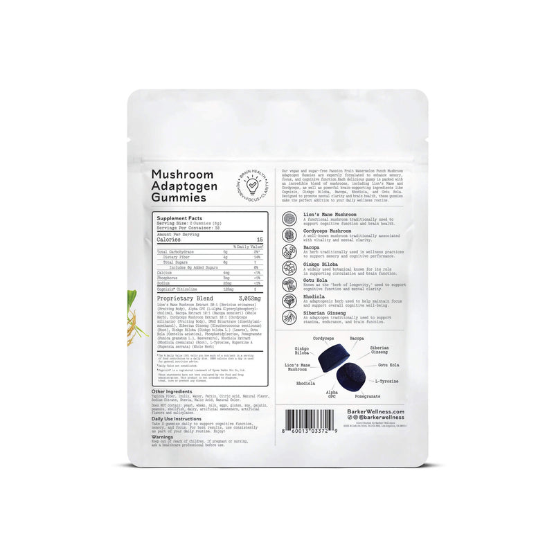 Back of the Barker Wellness Memory & Focus Mushroom Gummies bag