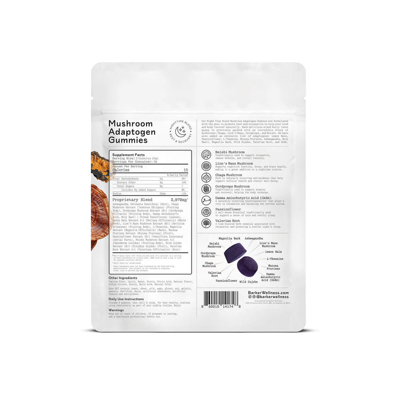 Back of the Barker Wellness Nighttime Mushroom Adaptogen Gummies bag