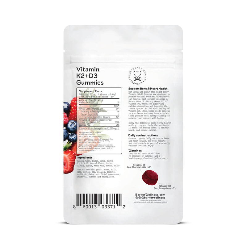 Back of the Barker Wellness Vitamin D3 + K2 Gummies bag