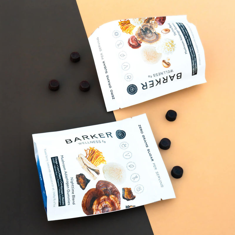 Barker Wellness Daytime and Nighttime Mushroom Adaptogen Gummies bags with gummies